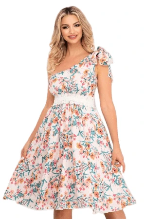 Rochie mare MBG din voal cu imprimeu multicolor si broderie in talie